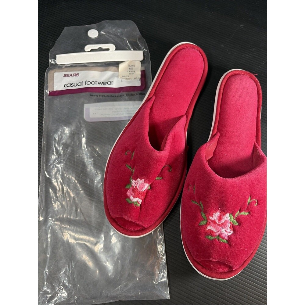 Vtg Red Sears Slippers Slides Boudoir House Bed Nighty Retro Shoes Sz L 8-9 NEW